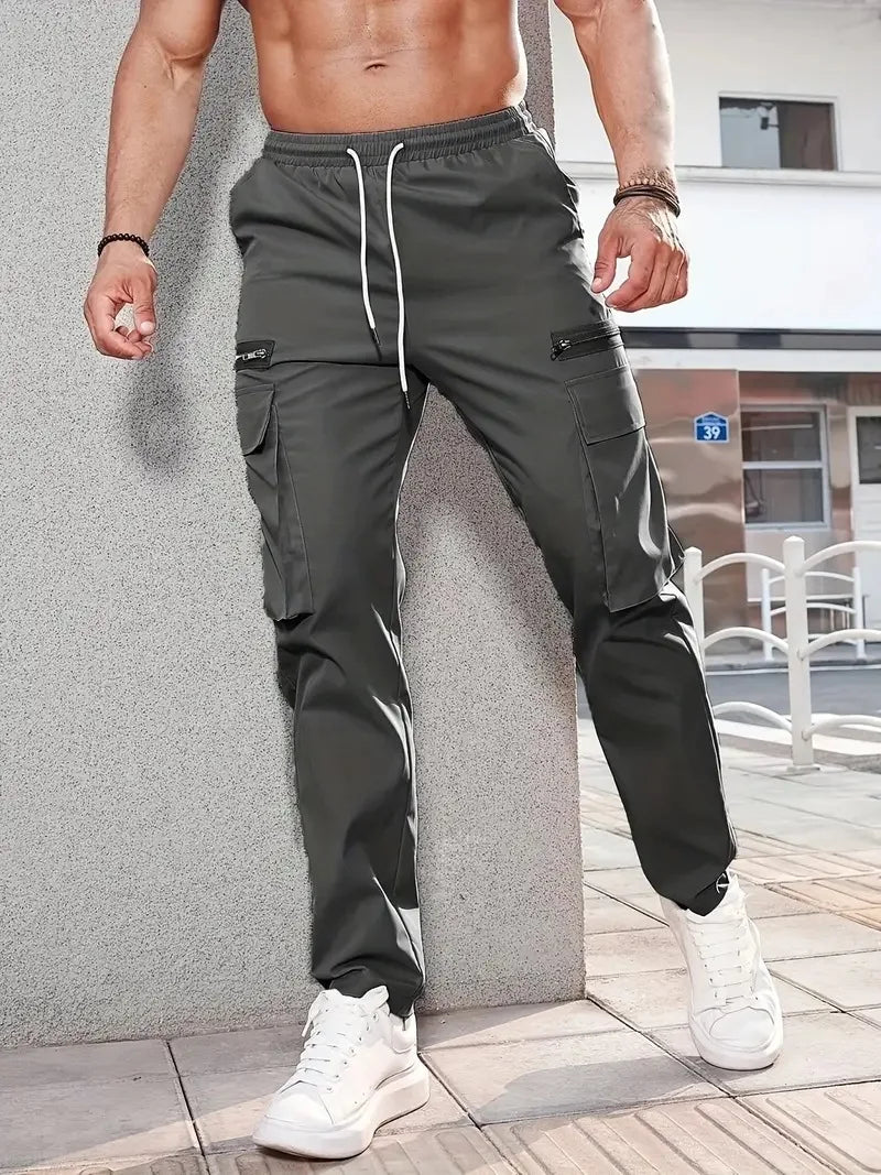 Calças Cargo Harém Masculinas com Bolsos Laterais e Zíper, Preto - Streetwear Hip Hop, Moda Casual, Calças de Corrida