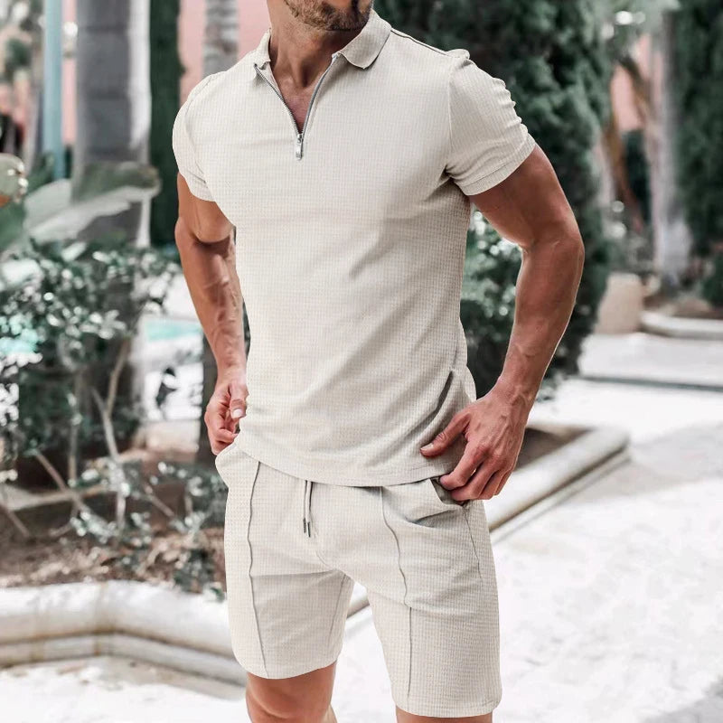 Conjunto Masculino 2024 - Tendência Europeia e Americana de Verão: Camiseta com Gola Flip para Uso Diário e Compras