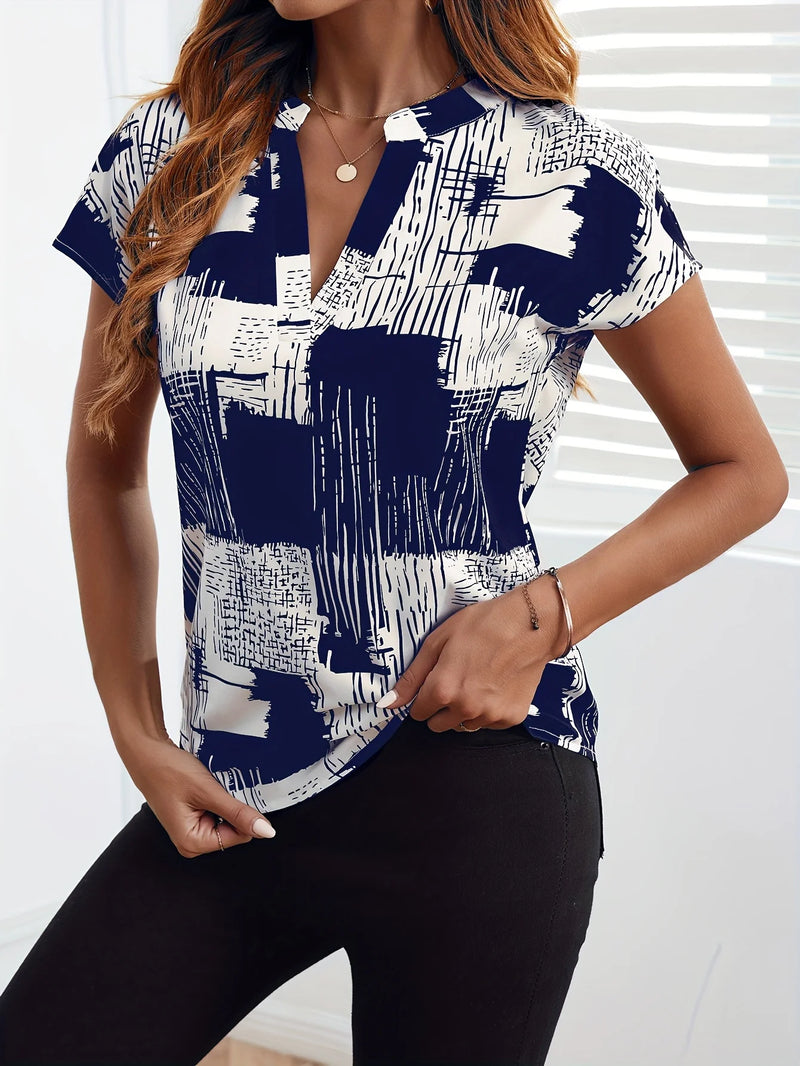 Nova camisa feminina de manga curta com decote em V, com estampa completa e manga dolman